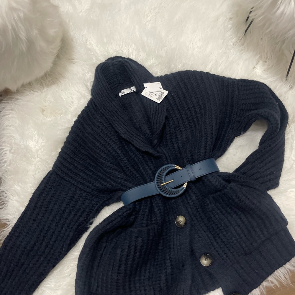 Zara oversize thick navy blue cardigan Sweater - Picture 6 of 8